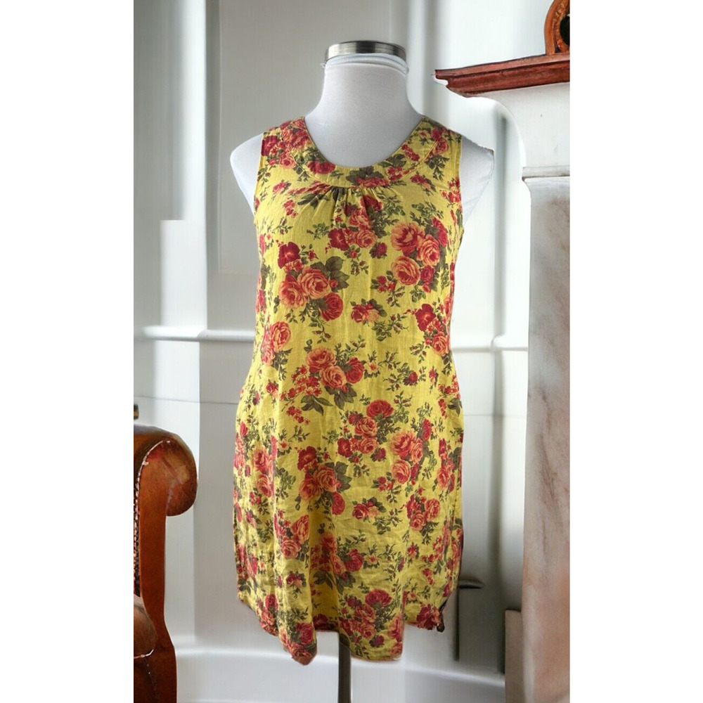 FLAX 100% Linen Shift Dress Floral Yellow Sleeveless Women's Size P Petite - Picture 3 of 12